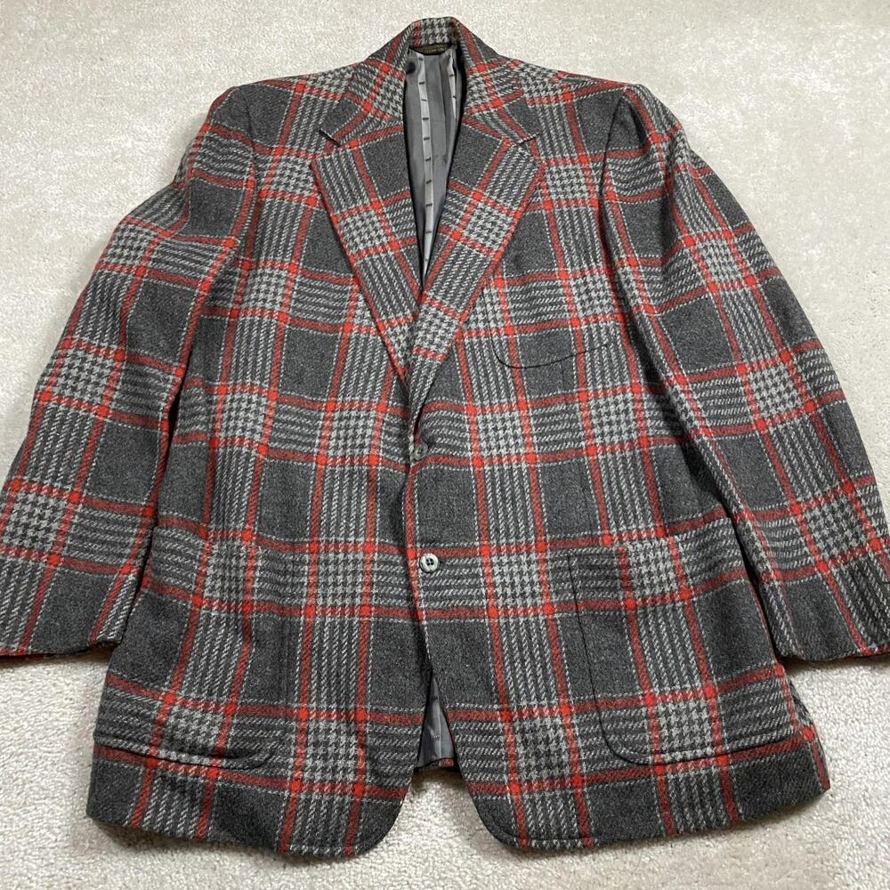 Vintage Lee Taylor Sport Coat Mens XL Gray Red Plaid Wool Tweed Blazer 70s